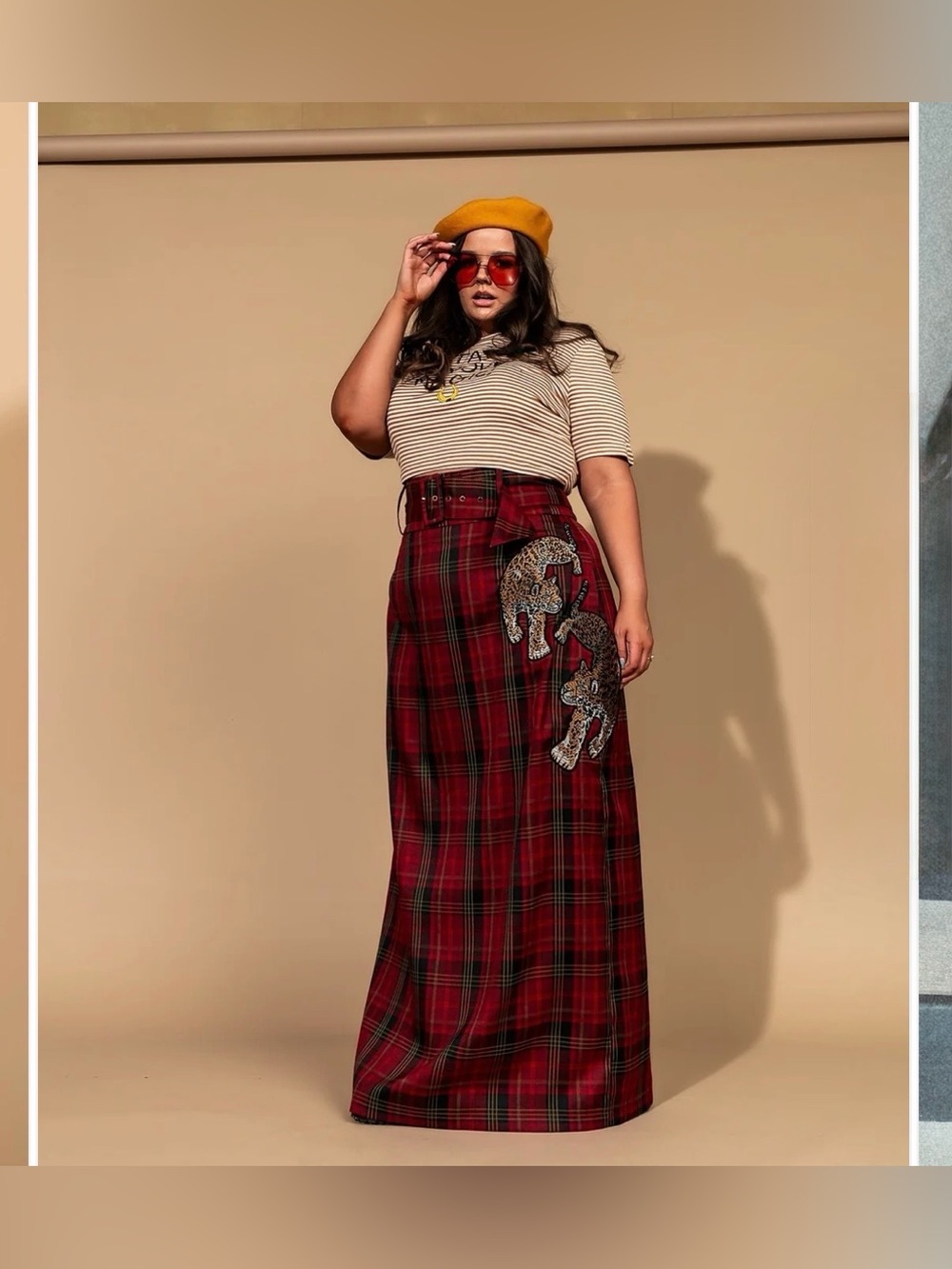 Dressed in LALA Mischief Maker Red Plaid Maxi Skirt with Leopard Embroidery, XL